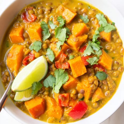 Close-up of vibrant Sweet Potato Lentil Curry simmering, colorful vegetables and spices visible.