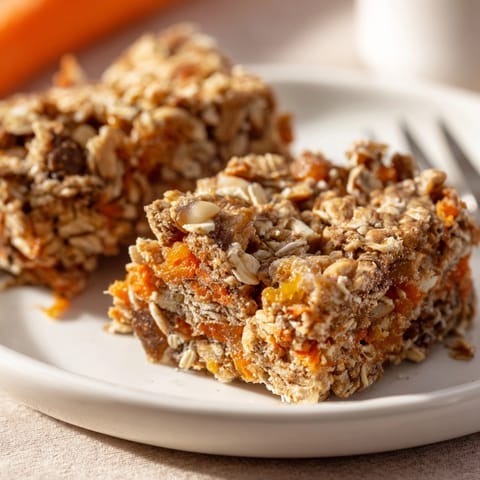 Close-up shows moist Protein Carrot Cake Oat Bars, revealing shredded carrot invitingly.