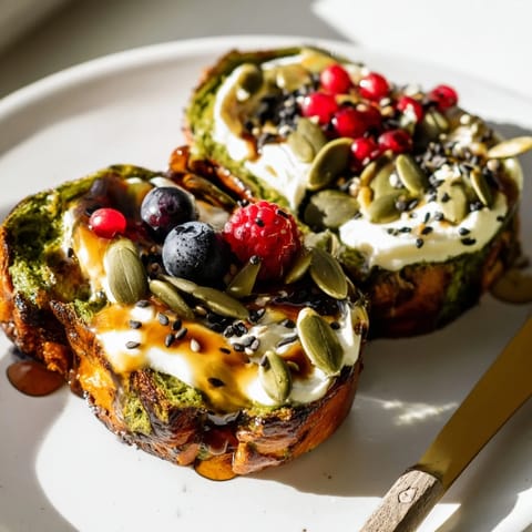 Toasted pumpkin muffins infused with matcha, drizzled with maple and fresh berries.  