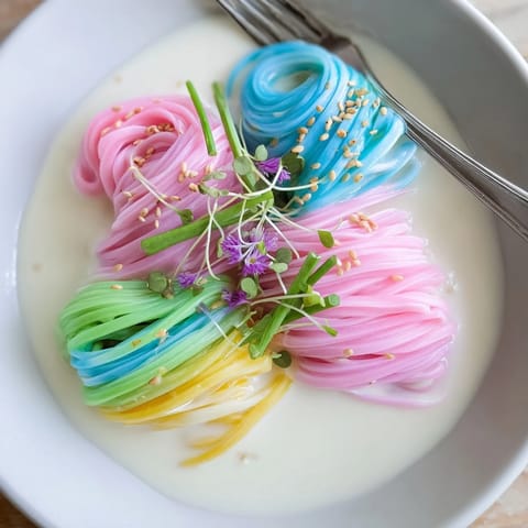 Colorful noodles layered in a fluffy sauce, an imaginative Neon Noodle Cloud delight.  