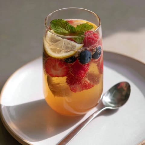 Colorful fermented drinks displayed with fresh fruit and fizzy bubbles for summer enjoyment.  