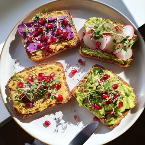 Colorful breakfast toasts featuring ube spread, avocado, and crunchy radish for texture.  