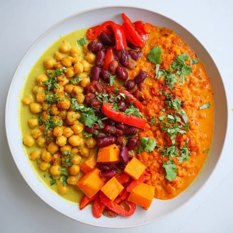 Creamy Thai red lentil curry bubbling with colorful bell peppers and fragrant spices.  