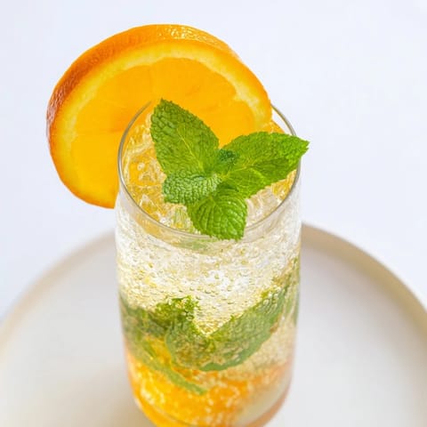 Sparkling homemade probiotic soda mocktail garnished with orange slices and fresh mint.  
