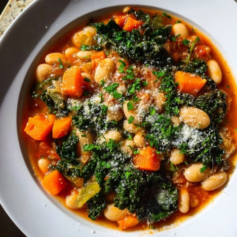 Close-up of a rustic bowl filled with Italian Bean & Kale Stew, garnished with fresh herbs and a drizzle.