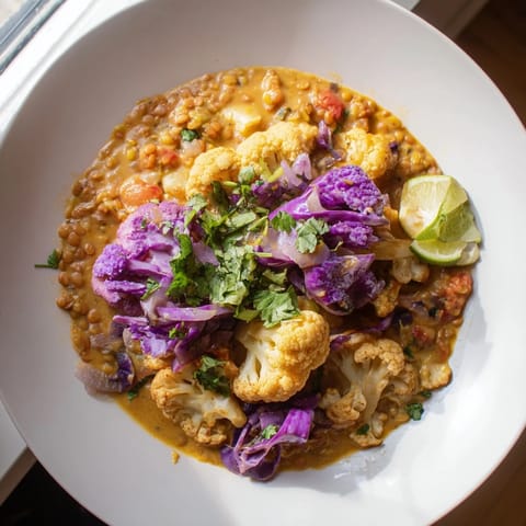 Creamy and colorful Red Cabbage, Cauliflower & Coconut Dhal, perfect for a cozy vegetarian dinner.