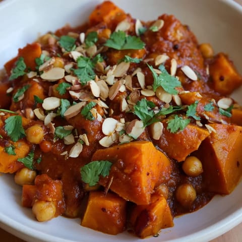 A vibrant bowl of Moroccan Chickpea & Sweet Potato Tagine ready to serve with lemon wedges.