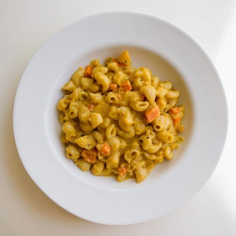 A close-up of golden One-Pot Butternut Squash Mac & Cheese, with a perfect cheese pull served steaming.