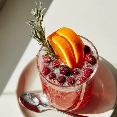 A close-up of a festive Snow Globe Mocktail, perfectly garnished with rosemary sprigs for the holidays.