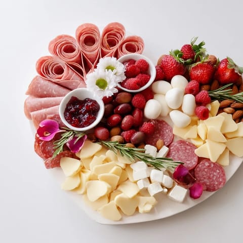 Heart-shaped charcuterie board: a romantic appetizer featuring cured meats, cheeses, and fresh fruits, artfully arranged.