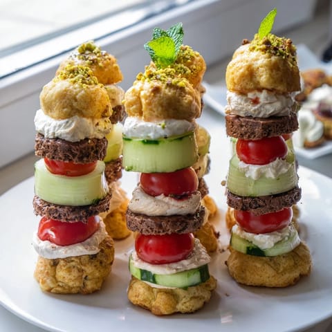 A beautiful Tour dÉléphant Goûter Gourmand snack tower with honey drizzle and fresh mint.