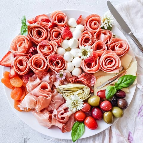 Delicious Prosciutto Rose Bouquet Board: a beautiful array of appetizers, perfect for gatherings and parties.