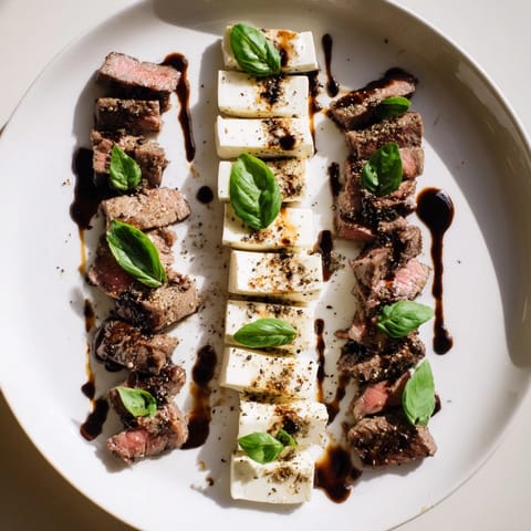 Savory Safari Stripes with tender beef, chicken, creamy cheese, and a glossy balsamic reduction drizzle.