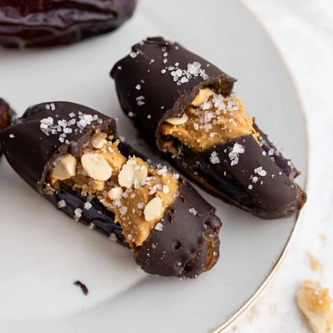 These homemade Chocolate Date Snickers feature a creamy peanut butter filling and crunchy peanuts.