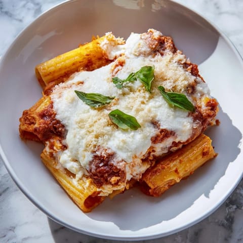 A close-up of a portion of Cheesy Baked Ziti showing a stringy cheese pull, savory and delicious.