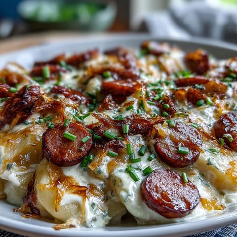 Creamy kielbasa and pierogi casserole, perfectly baked in the slow cooker.