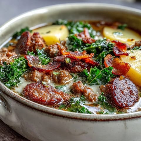 Savory Italian sausage soup, garnished with crispy bacon, perfect for cozy nights.