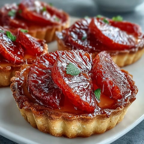 Six vibrant Blood Orange Tarts arranged on a marble board, showcasing glossy orange segments and smooth, yellow custard filling. 