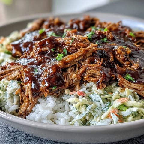 Serving suggestion for Pulled Pork Bowl: savory pork over steamed rice with crunchy slaw and fresh cilantro garnish.