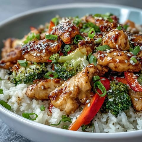 Hearty Chicken and Rice Bowl garnished with fresh green onions and sesame seeds, served on a rustic wooden table.
