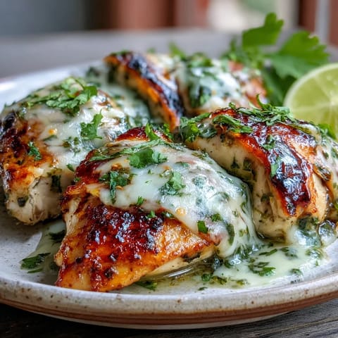Sizzling Grilled Salsa Verde Pepper Jack Chicken fresh off the grill, topped with creamy melted cheese.