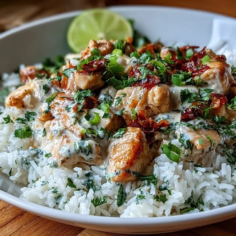 A healthy Coconut Chicken Rice Bowl served in a white bowl with lime wedges and green onions on the side.