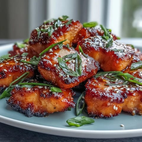 Sizzling Bang Bang Salmon Bites, freshly air-fried to crispy perfection, are drizzled with extra bang bang sauce.