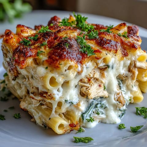 Steam rises from a serving of Greek Yogurt Chicken Alfredo Bake, revealing creamy pasta with visible spinach leaves, paired with a crisp green salad on a rustic wooden table.