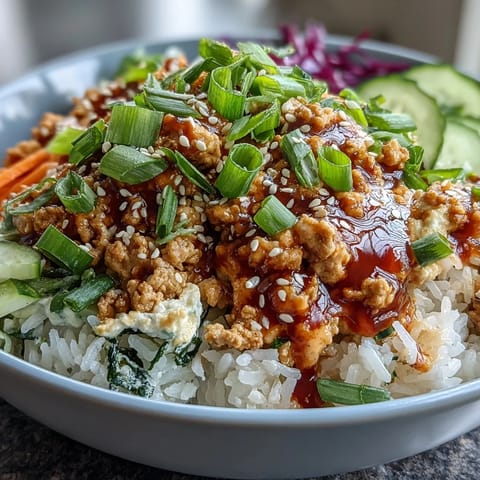Drizzling creamy bang bang sauce over a fresh bowl of Spicy Bang Bang Turkey Rice Bowls for dinner.