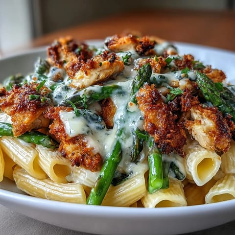 A skillet of Crispy Parmesan Asparagus Chicken Pasta tossed with tender chicken and bright green asparagus.