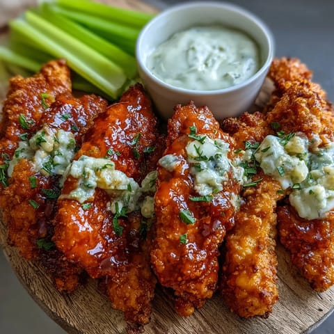 Golden brown almond-crusted chicken tenders tossed in tangy buffalo sauce, served with creamy ranch dip and fresh crunchy celery.