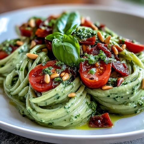 Fresh Vegan Creamy Avocado Lime Pasta with Cherry Tomatoes is tossed with al dente noodles and garnished with fresh basil and toasted pine nuts. 