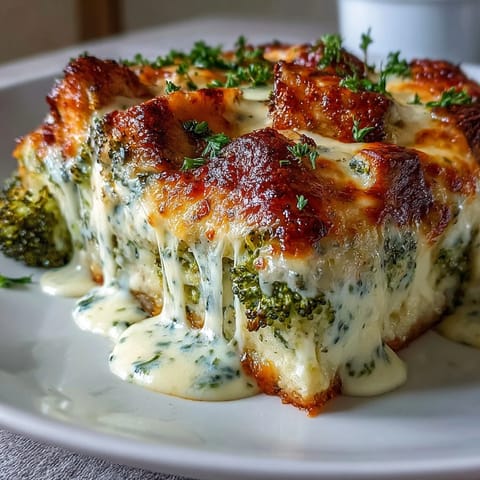 Golden, bubbly cheddar topping on Keto Cheesy Broccoli Chicken Bake served in a white casserole dish.