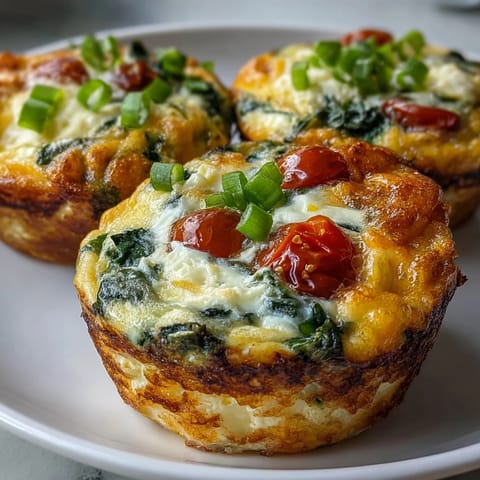 Freshly baked High-Protein Egg Muffin Cups with Spinach and Tomatoes, showing golden edges and a fluffy, speckled texture.
