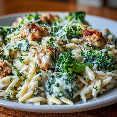 A cozy skillet dinner of turkey mince, orzo pasta, and broccoli in a silky garlic cream sauce, topped with Parmesan.  