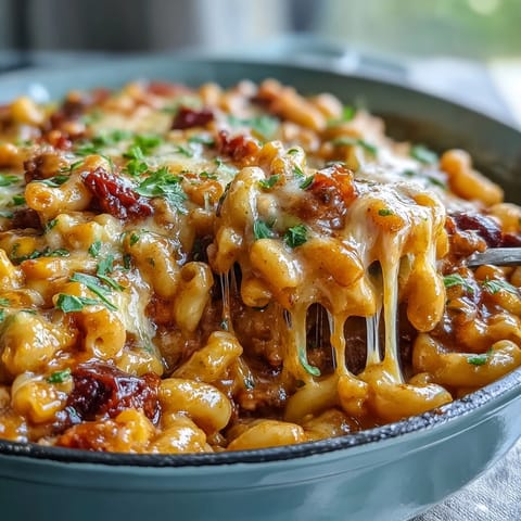 Hearty One-Pot Tex-Mex Chili Mac with Corn and melted cheese, packed with black beans and bell peppers.  