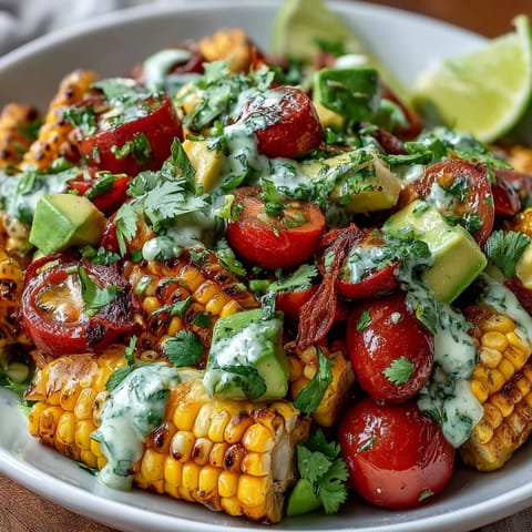 Summer corn, tomato, and avocado salad with lime vinaigrette in a white bowl, showcasing fresh seasonal vegetables.  