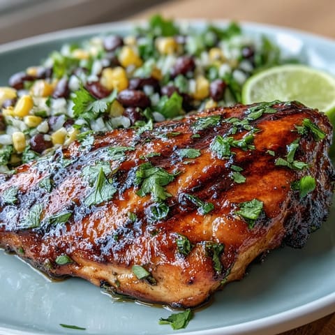 Grilled lime cilantro chicken with corn and black bean salad, showcasing tender marinated chicken and a vibrant mix of fresh vegetables.  