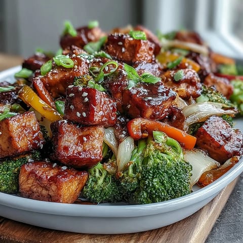 A colorful vegan sheet pan dinner with teriyaki-glazed tofu, roasted broccoli, and peppers, served over fluffy rice.  