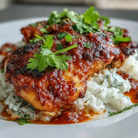 Spicy tangy baked chicken curry with golden, yogurt-marinated thighs in a rich coconut-tomato sauce. Juicy chicken baked until tender, surrounded by vibrant spices, fresh ginger, and lime.