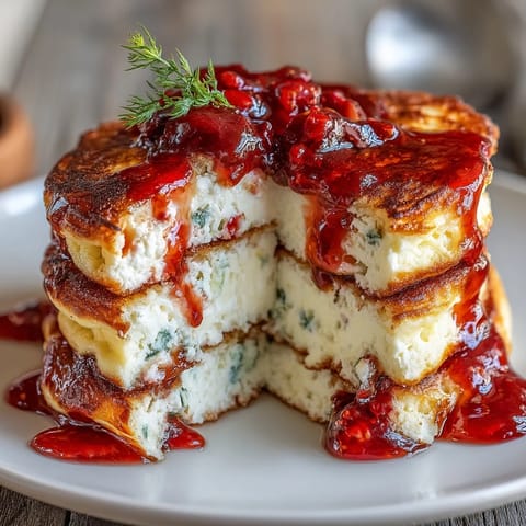 Golden pancakes made with cottage cheese and topped with fresh strawberry syrup, a delightful brunch option.  