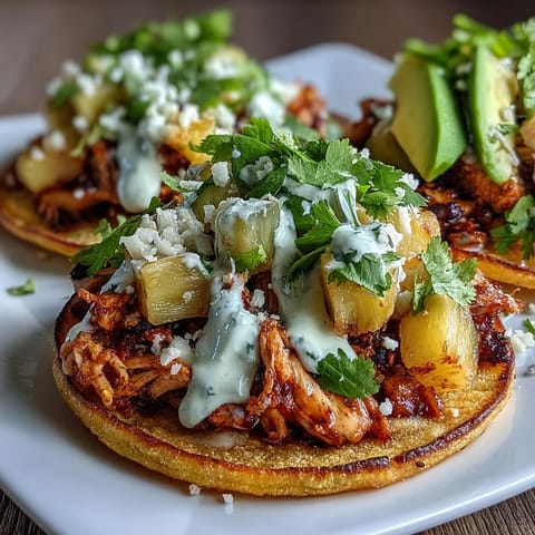 Crispy tostadas layered with juicy chicken, vibrant pineapple salsa, and zesty lime crema for a refreshing meal.