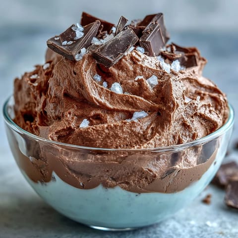Fluffy yogurt protein mousse with cocoa and sea salt, topped with dark chocolate shavings and fresh berries.  