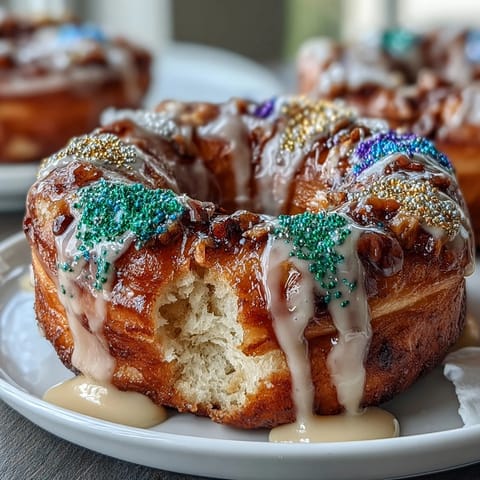 Baked King Cake Donuts with Mardi Gras sprinkles, featuring a golden vanilla glaze and vibrant green, purple, and gold sugar topping.  