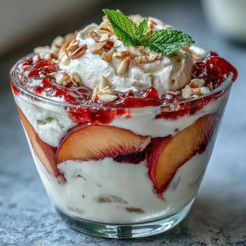 Fluffy yogurt peach Melba cups with toasted almonds in elegant glass cups, showcasing layers of creamy Greek yogurt, fresh peaches, tangy raspberry sauce, and crunchy almond topping.