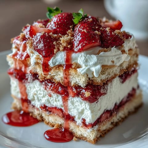 Golden-brown biscuits stacked high with sweet strawberries and rich whipped cream in a timeless American dessert.  