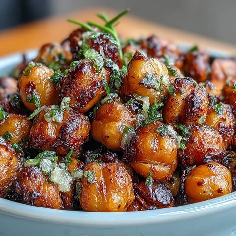 Crispy baked chickpeas in a bowl, golden and crunchy, seasoned with smoky paprika and cumin.  