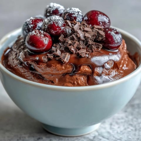 Velvety cottage cheese chocolate mousse cups topped with vibrant fresh berries and a sprinkle of dark chocolate shavings.  