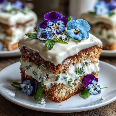 Delicate Spring Cake with Pressed Edible Flowers, layered with fluffy vanilla sponge and whipped cream, adorned with colorful pressed flowers.
