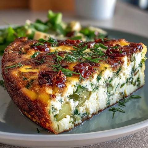 A colorful spring vegetable frittata with asparagus, spinach, and feta, baked to golden perfection.